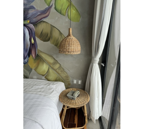 Rattan bedside table and rattan lamp
