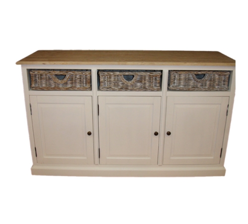 The desk cabinet has three single rattan drawers