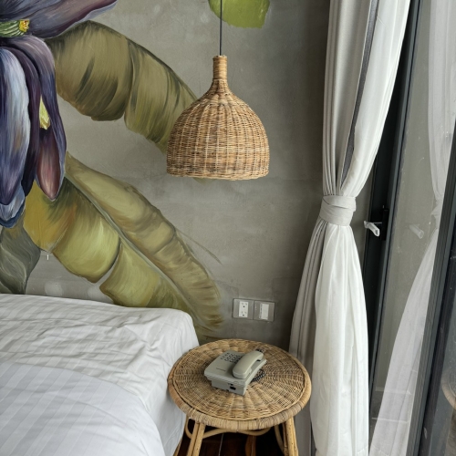 Rattan bedside table and rattan lamp