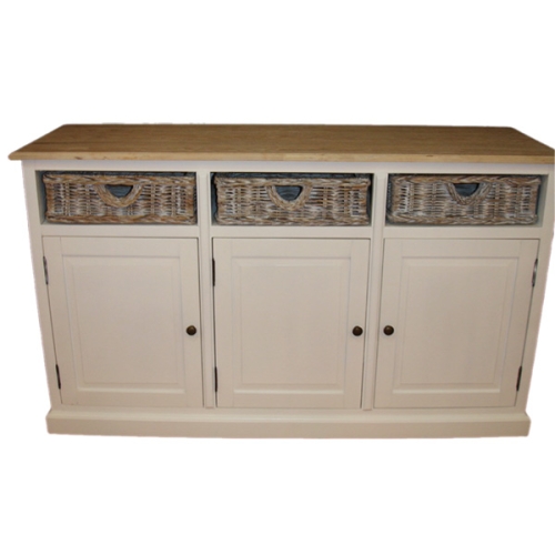 The desk cabinet has three single rattan drawers